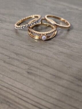 Gold Pearl & Crystal Stackable Rings- Set Of 3